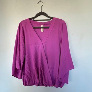 3/4 sleeve bubble hem cross over blouse pink
